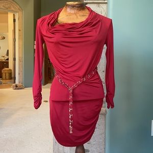 Cache red spandex bodycon tunic OR mini dress with gold belt